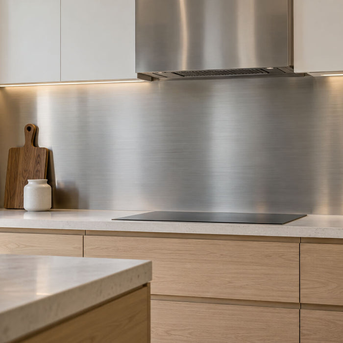 Brushed stainless steel kitchen backsplash with pale oak cabinets, white countertops, and warm under-cabinet lighting.