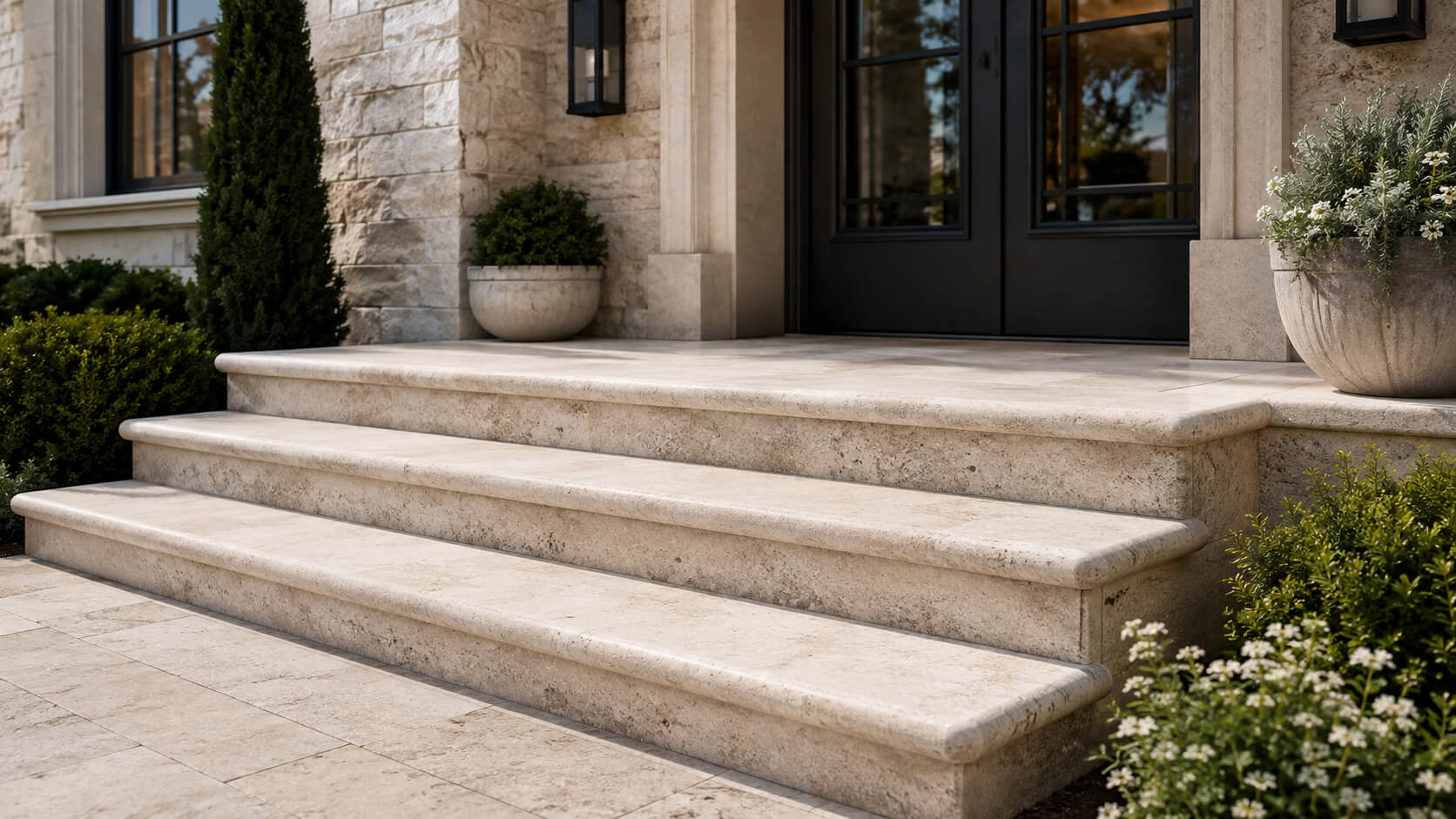 Bullnose stone entry steps with rounded edges at a premium residential entrance