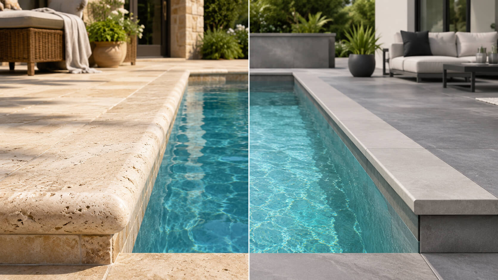 Bullnose and eased edge pool coping compared in classic and modern pool designs