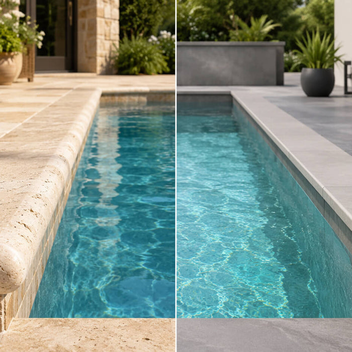 Bullnose and eased edge pool coping compared in classic and modern pool designs
