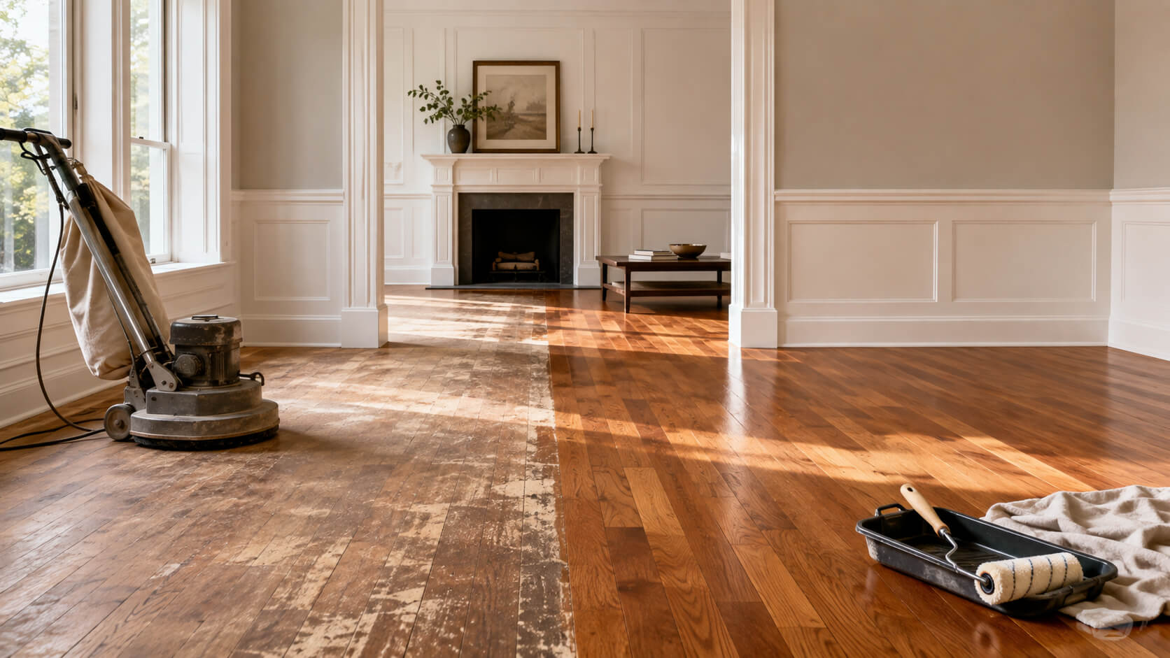 Old hardwood floor restoration in progress showing the contrast between worn boards and newly refinished hardwood in a bright living room.