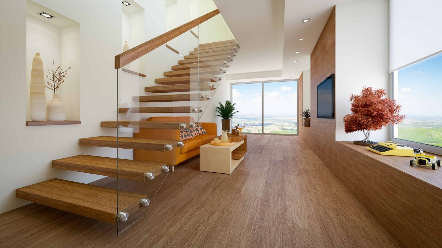 Mixed hardwood floor tones in one house with coordinated light and dark wood finishes
