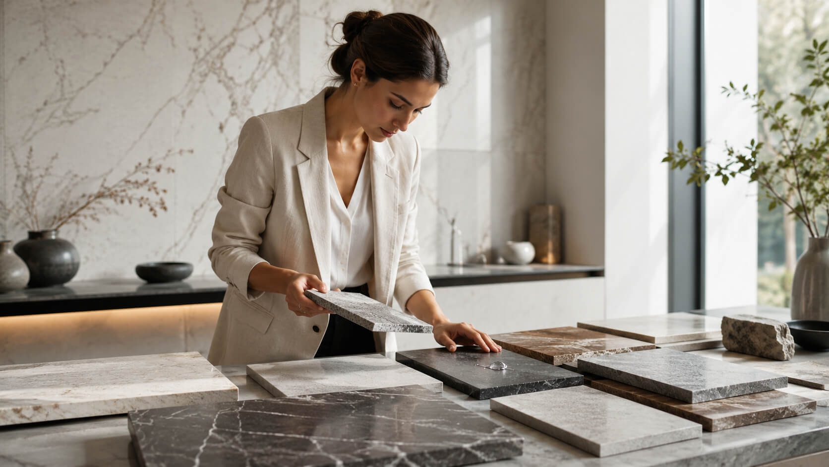 Designer comparing natural stone tile samples on a showroom table to evaluate quality, finish, and value before buying discounted stone.