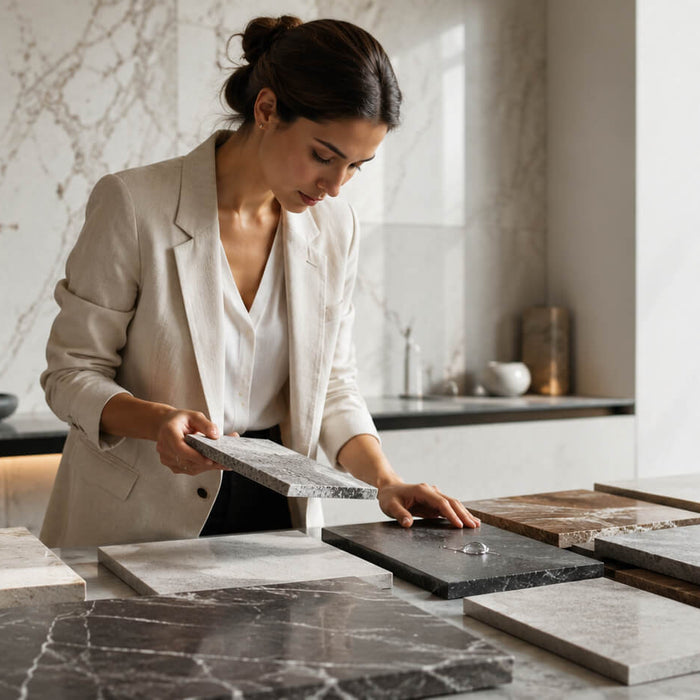 Designer comparing natural stone tile samples on a showroom table to evaluate quality, finish, and value before buying discounted stone.
