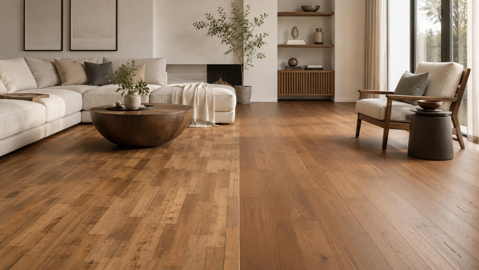 Cheap vs premium hardwood flooring compared in a modern living room with short and long wood plank styles