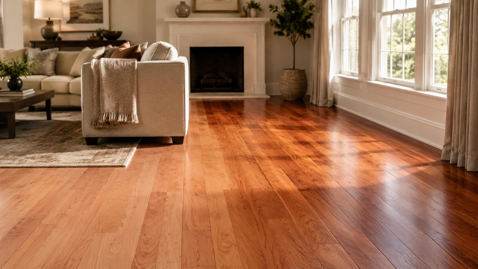 Cherry hardwood flooring changing from a light fresh tone to a deeper reddish-brown color in a sunlit living room