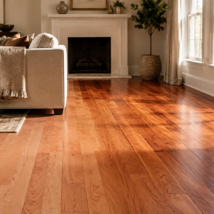 Cherry hardwood flooring changing from a light fresh tone to a deeper reddish-brown color in a sunlit living room