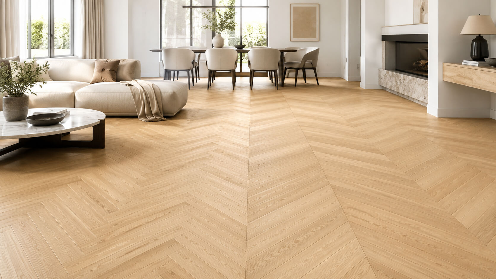 Chevron and herringbone hardwood flooring compared in a modern open-plan living room