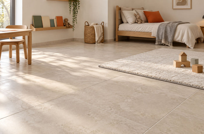 Child’s bedroom with beige stone-look floor tiles, oak furniture, and a soft rug with wooden toys.