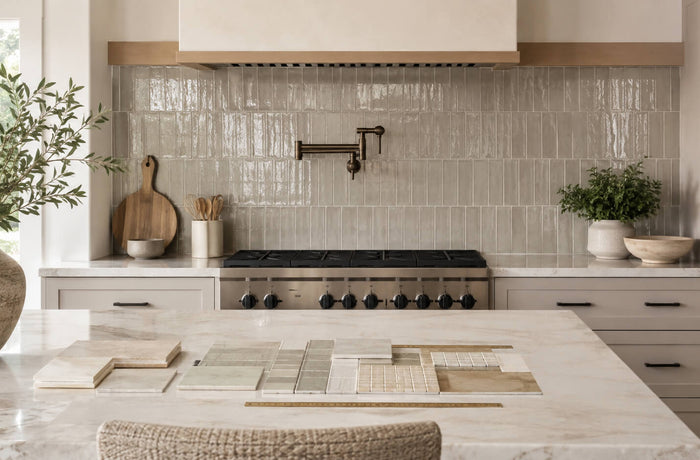 Modern kitchen with coordinated ceramic tile backsplash, countertop, cabinets, and tile samples for choosing backsplash color and size