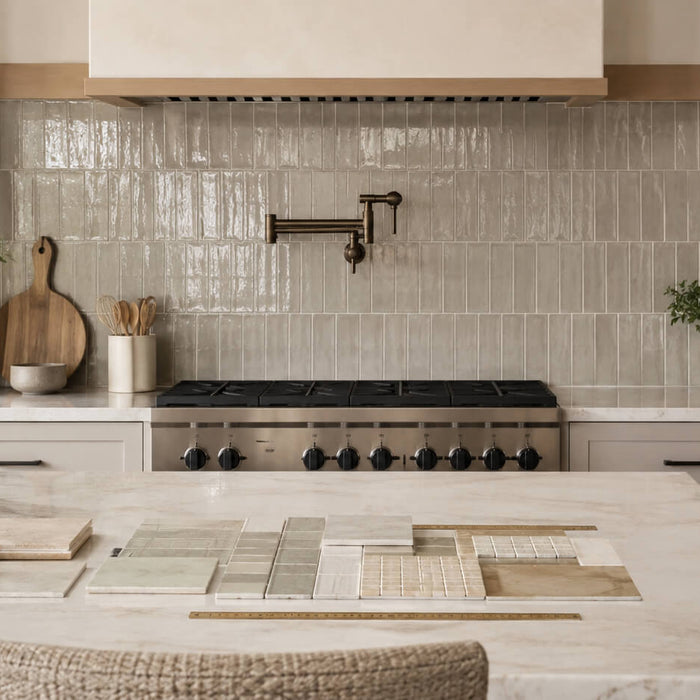 Modern kitchen with coordinated ceramic tile backsplash, countertop, cabinets, and tile samples for choosing backsplash color and size