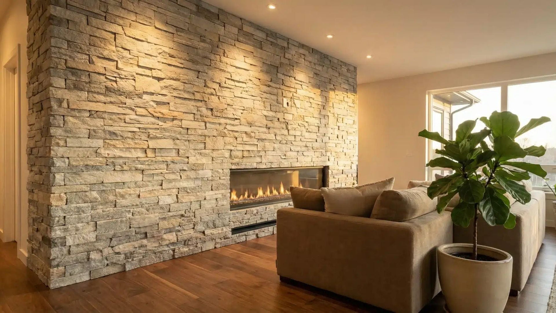 Ledger stone fireplace wall with stacked natural stone panels