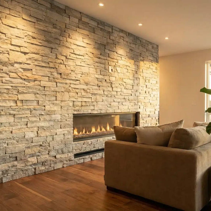 Ledger stone fireplace wall with stacked natural stone panels