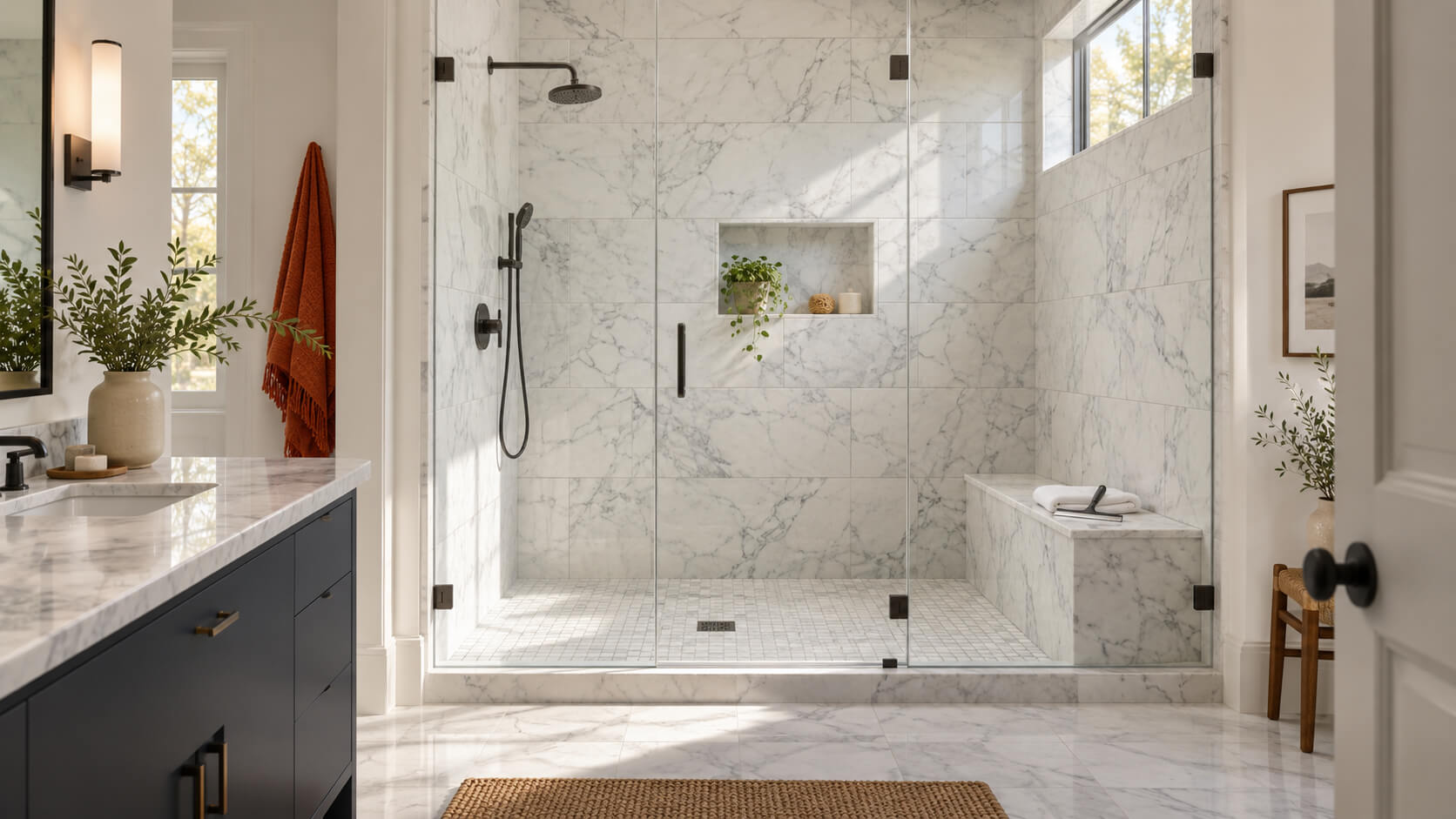 White marble shower with gray veining, black fixtures, and a microfiber cloth and squeegee on a marble bench.