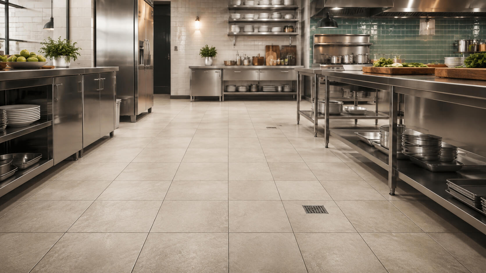 Commercial kitchen with durable beige floor tile, stainless steel workstations, and integrated floor drainage