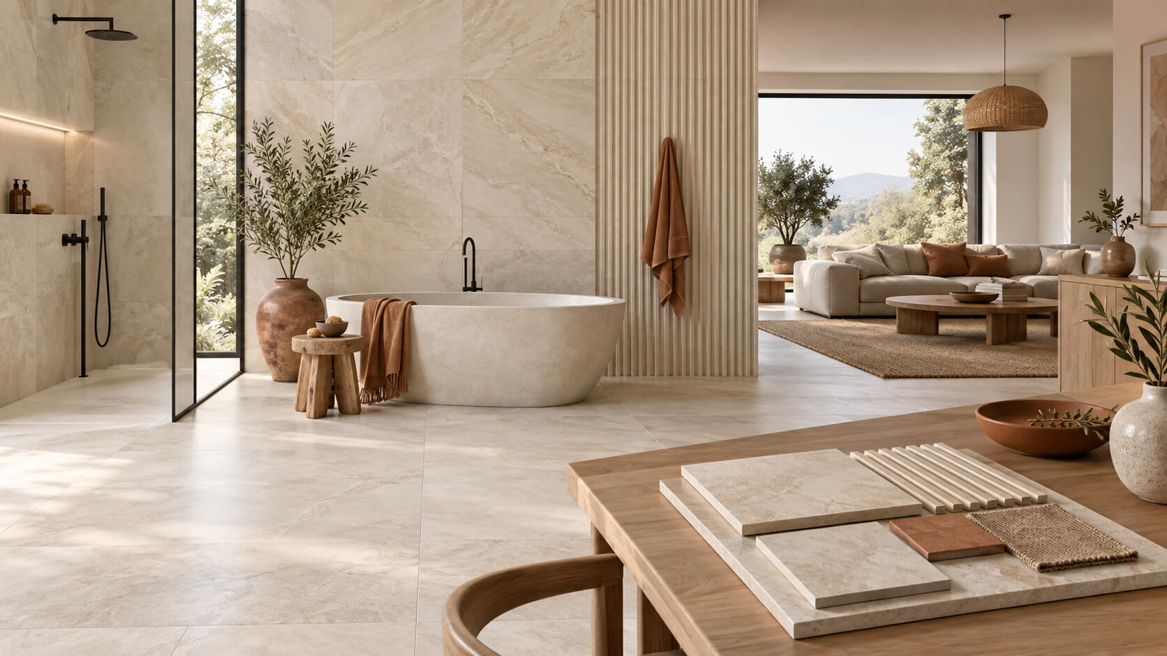 Coordinated modern interior featuring warm stone-look tiles, natural wood, and complementary finishes