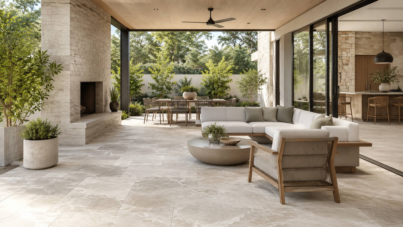 Covered patio with neutral tile flooring, natural stone walls, outdoor seating, and a seamless indoor-outdoor design