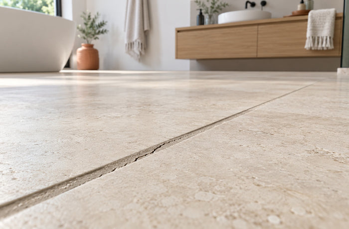Close-up of cracked gray grout between beige bathroom floor tiles, with a wooden vanity in the background.