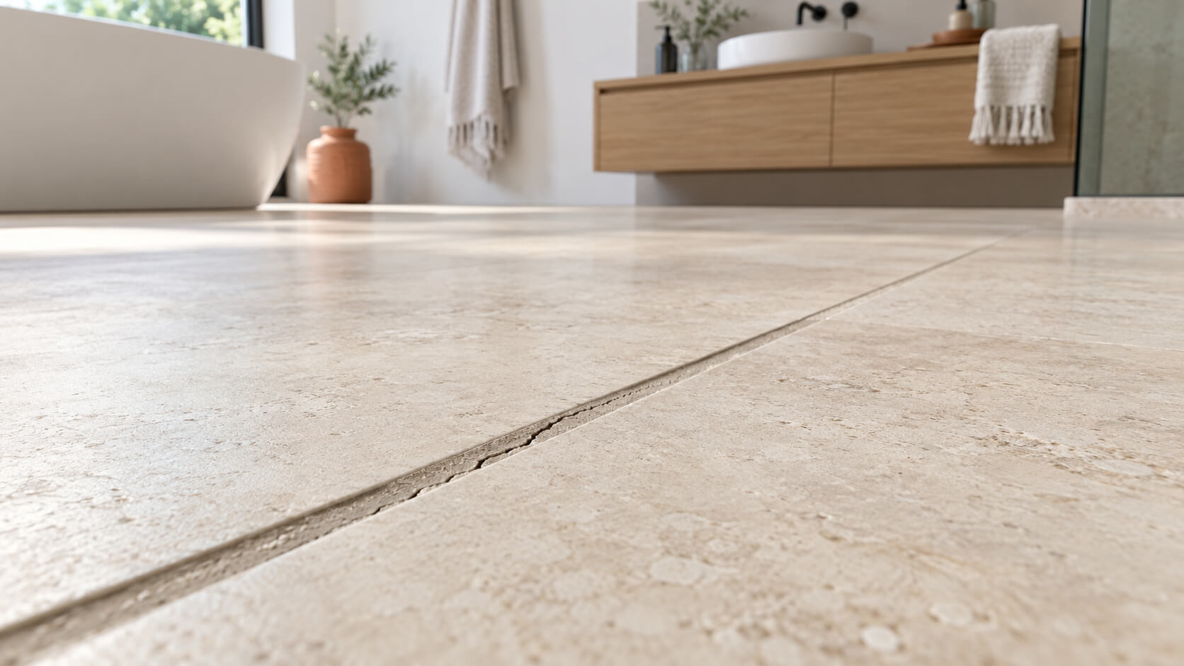 Close-up of cracked gray grout between beige bathroom floor tiles, with a wooden vanity in the background.
