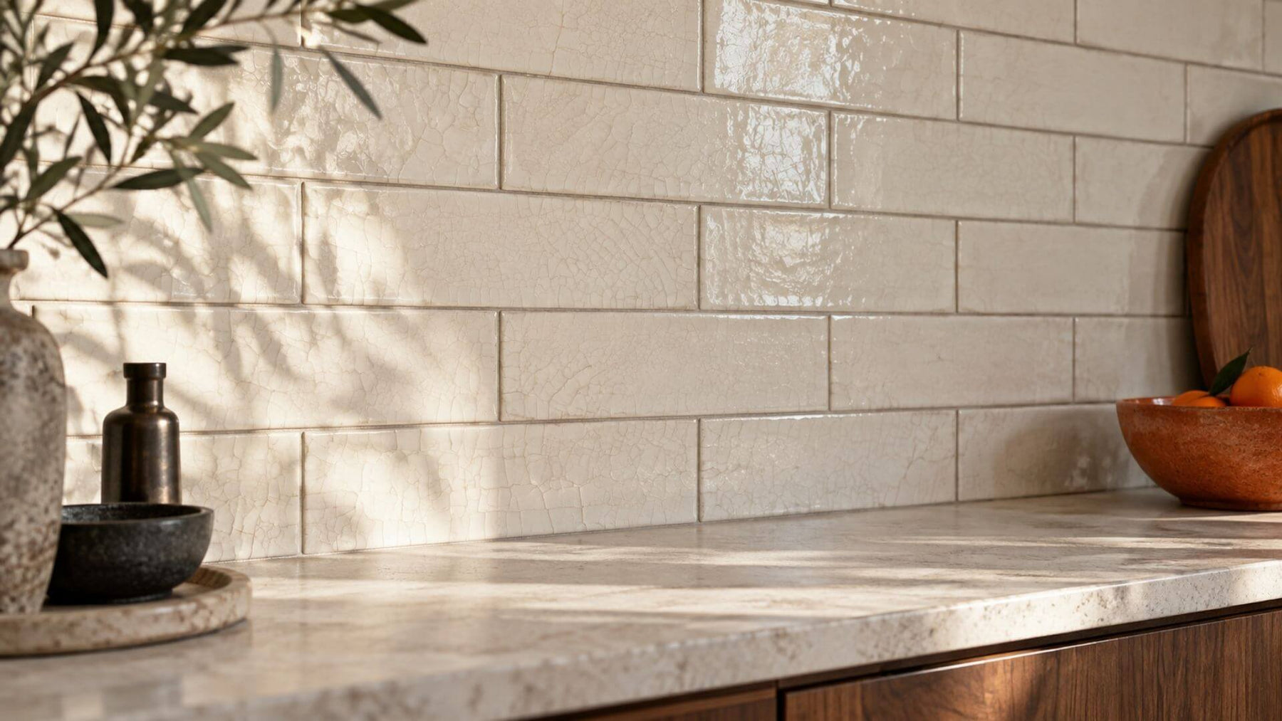 Ivory crackle tile kitchen backsplash with natural daylight, warm walnut cabinetry and a stone countertop.