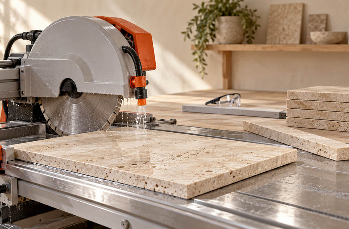 Beige travertine tile on a wet tile saw table beside matching stone pieces in a naturally lit workshop.