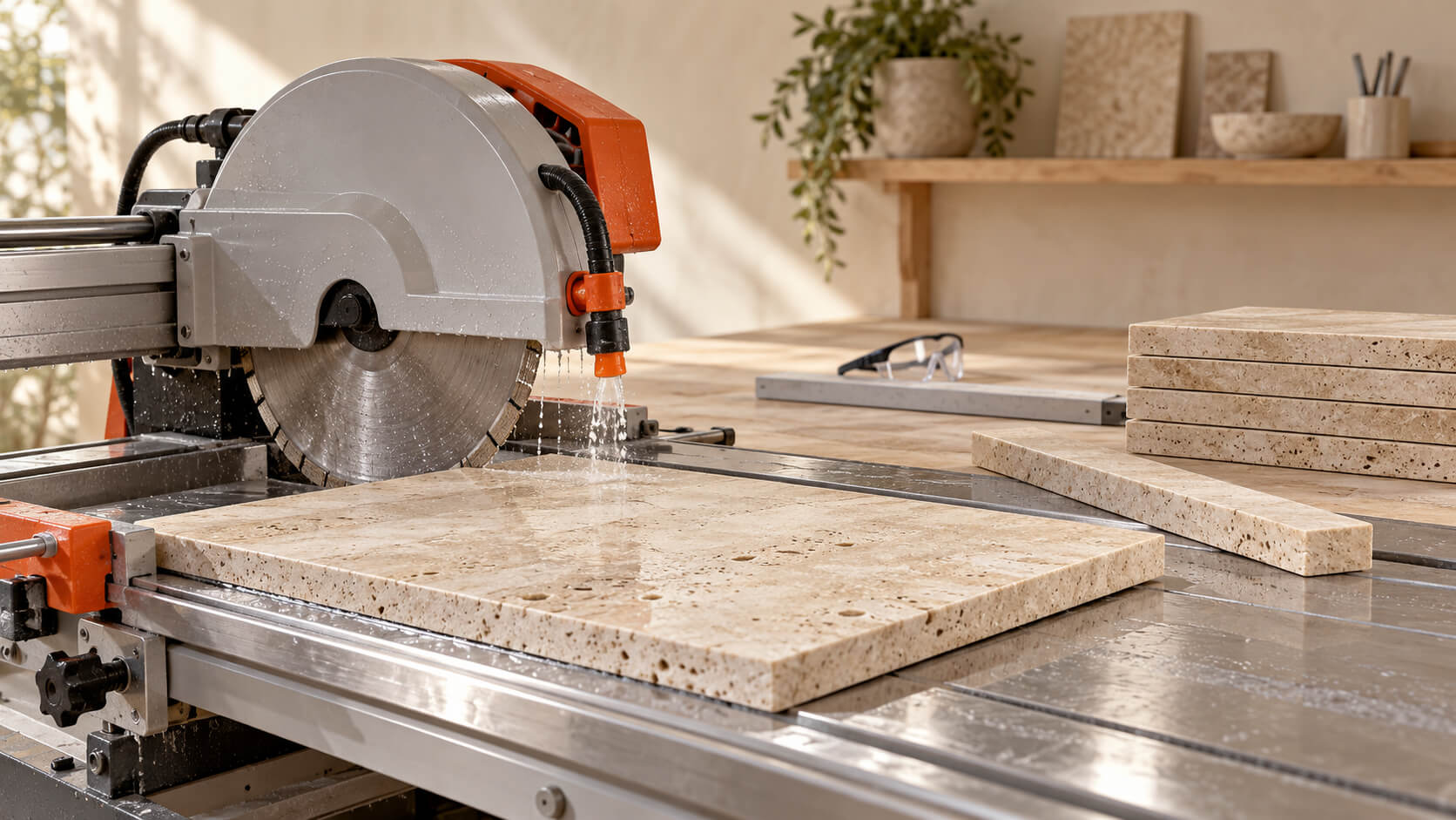 Beige travertine tile on a wet tile saw table beside matching stone pieces in a naturally lit workshop.