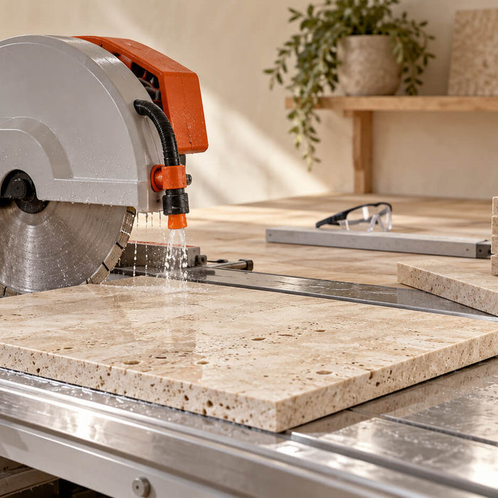 Beige travertine tile on a wet tile saw table beside matching stone pieces in a naturally lit workshop.