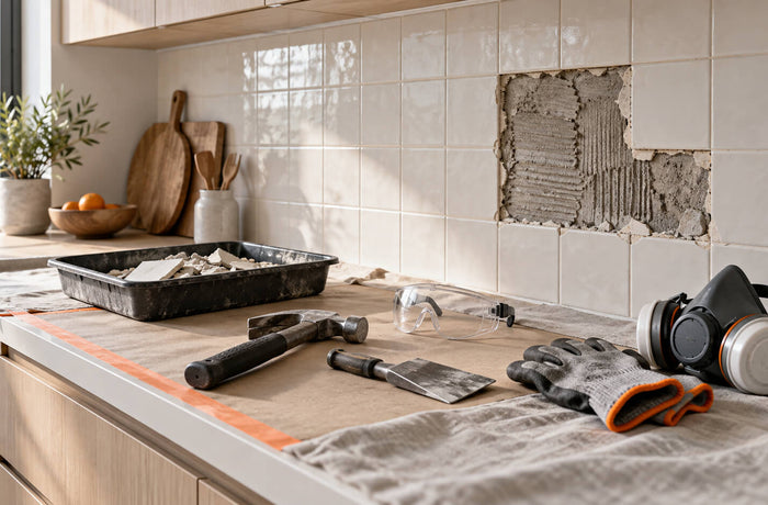 Partially removed kitchen backsplash with a protected countertop, hand tools, safety goggles, gloves and a respirator.