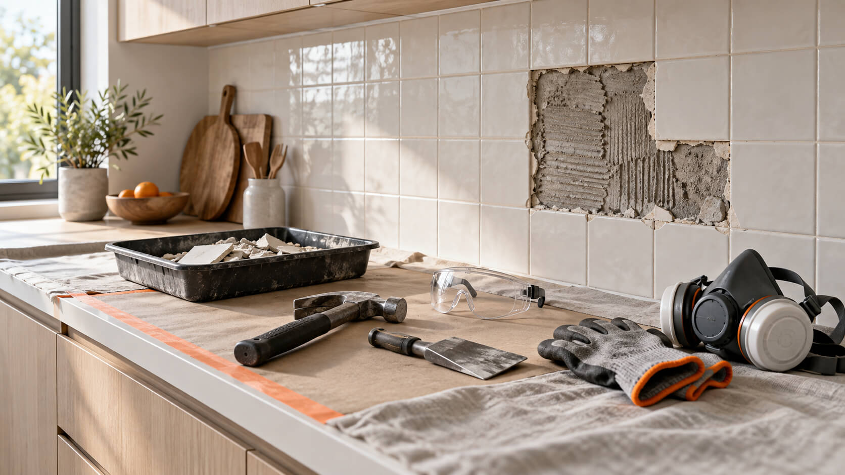 Partially removed kitchen backsplash with a protected countertop, hand tools, safety goggles, gloves and a respirator.