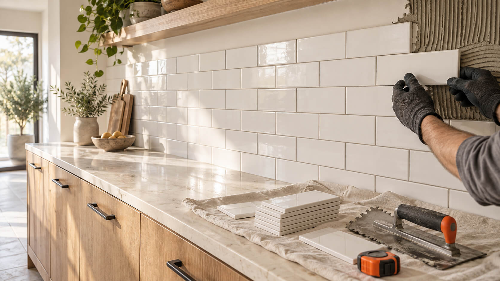 Gloved hands installing white subway tile on a kitchen backsplash beside stacked tiles and tiling tools.