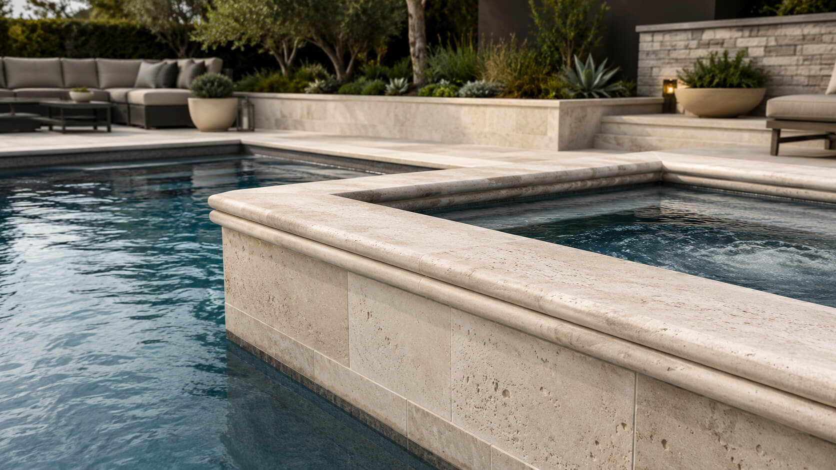 Raised pool and spa with travertine double bullnose coping in a modern outdoor patio