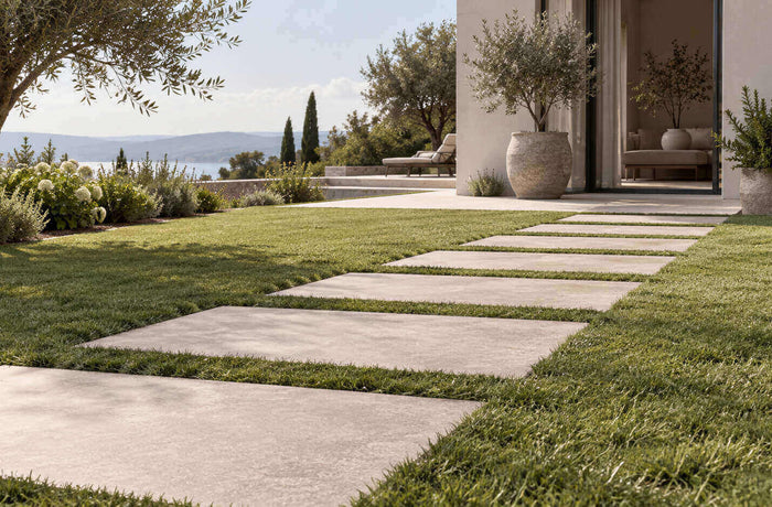 Porcelain pavers dry laid in grass creating a modern garden pathway