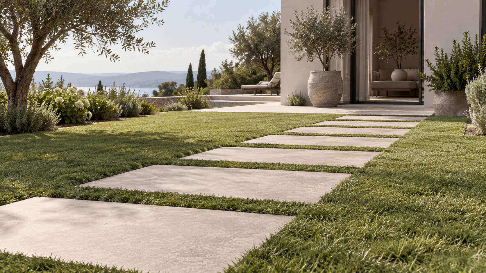 Porcelain pavers dry laid in grass creating a modern garden pathway
