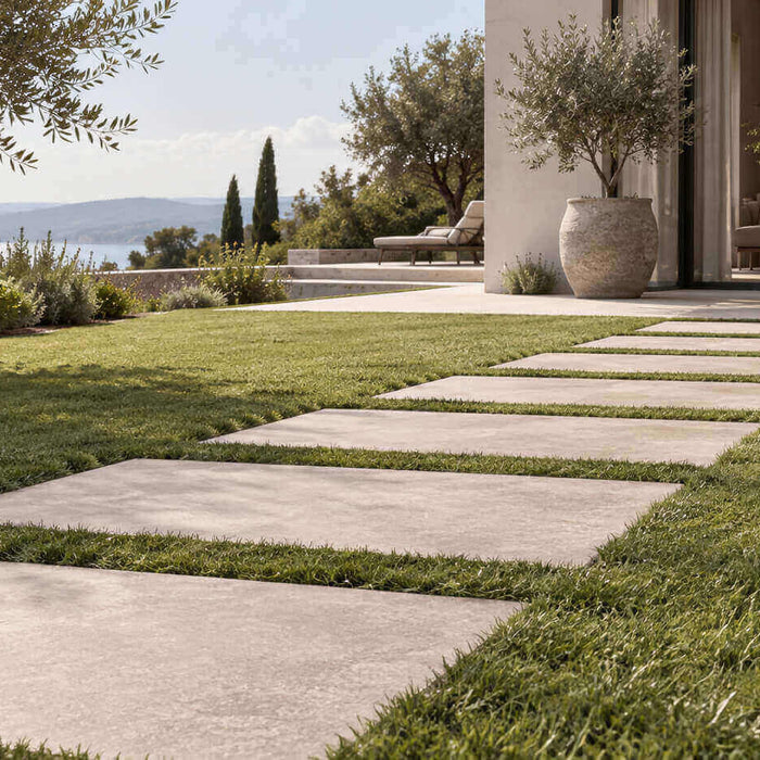 Porcelain pavers dry laid in grass creating a modern garden pathway