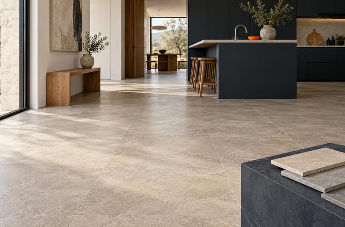 Modern kitchen with matte stone-look porcelain flooring, charcoal cabinetry, and three tile samples in neutral tones.