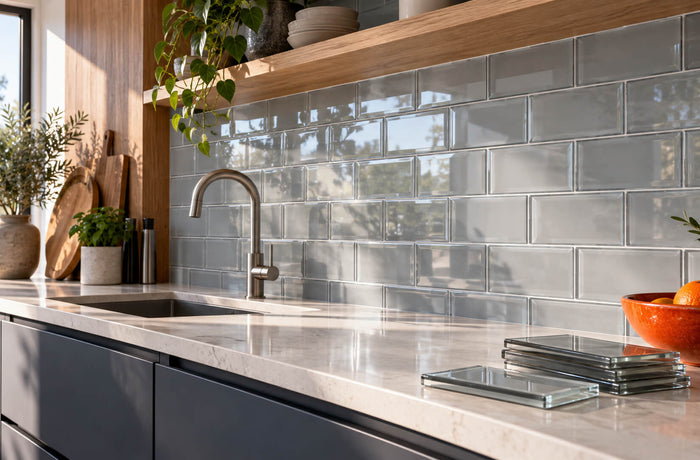 Modern kitchen with a glossy gray glass tile backsplash, dark cabinetry and matching glass tile samples.