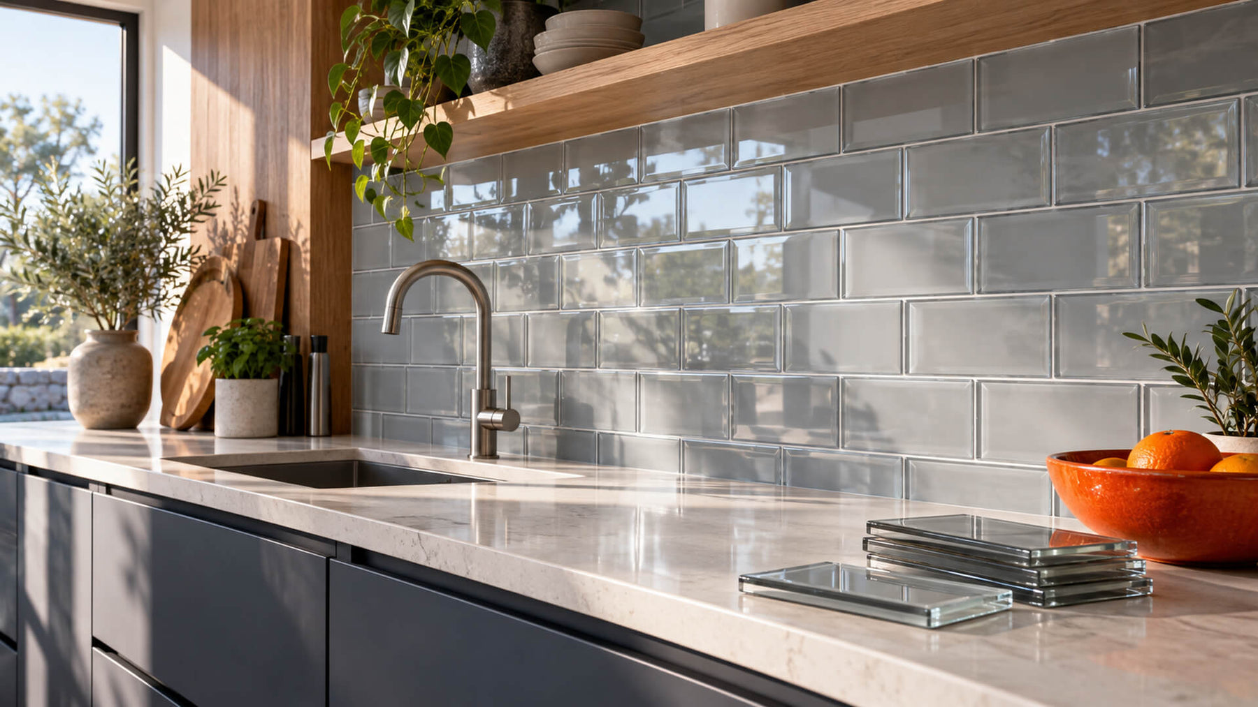 Modern kitchen with a glossy gray glass tile backsplash, dark cabinetry and matching glass tile samples.