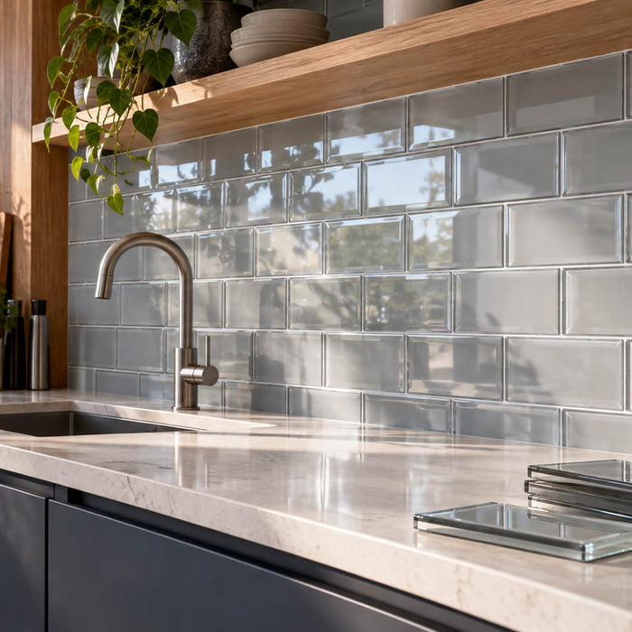Modern kitchen with a glossy gray glass tile backsplash, dark cabinetry and matching glass tile samples.