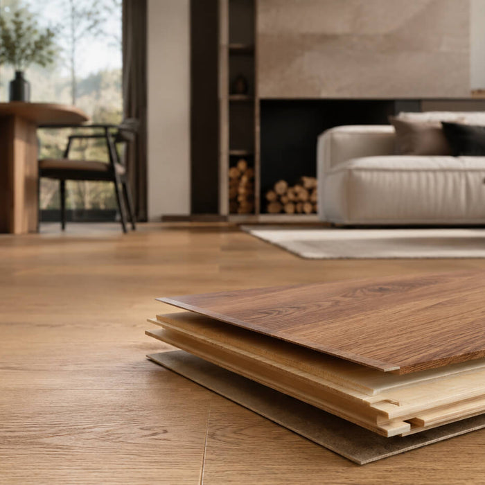 Engineered hardwood flooring with visible hardwood surface, structural core, and backing layers in a modern interior