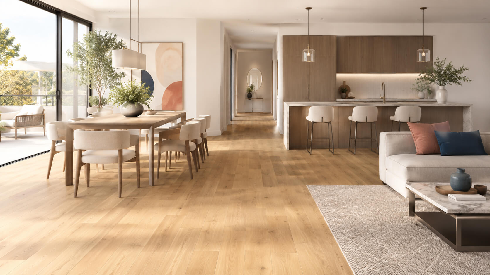 Bright modern open-plan interior with light engineered hardwood flooring in a living, dining, and kitchen space.