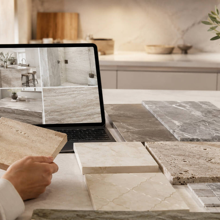 Stone and tile samples compared with online product photos to evaluate color variation