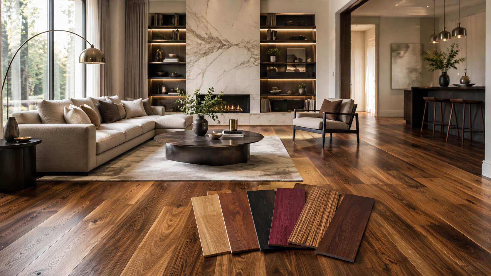 Luxury interior with exotic hardwood flooring and wood samples in different colors and grain patterns