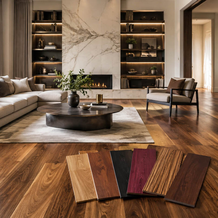 Luxury interior with exotic hardwood flooring and wood samples in different colors and grain patterns