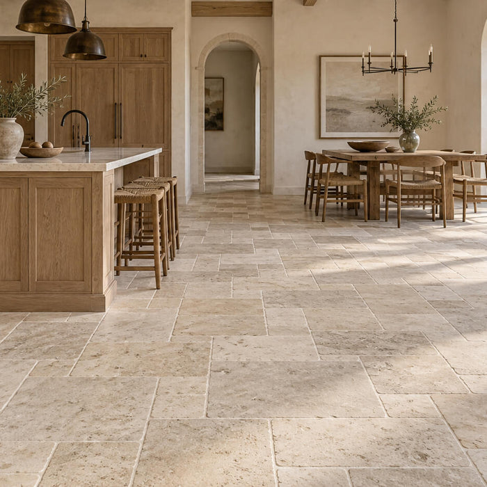 Warm beige French pattern limestone flooring in a sunlit kitchen with oak cabinetry and an adjoining dining area.
