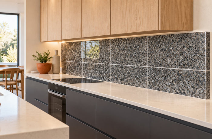 Close-up of gray granite backsplash tiles with a polished exposed edge beside a cream wall and wood cabinetry.