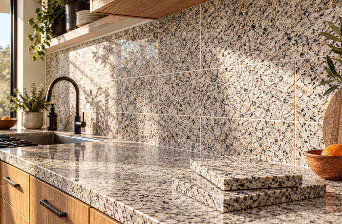 Sunlit kitchen with a speckled granite tile backsplash, oak cabinets, and stacked granite samples on the countertop.