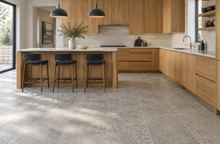 Warm oak kitchen cabinets paired with gray granite floor tiles, a central island, and soft natural daylight.