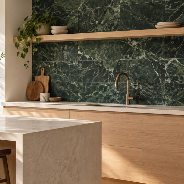 Green marble tile backsplash with light oak cabinets, an ivory countertop, and a brass faucet in a sunlit kitchen.