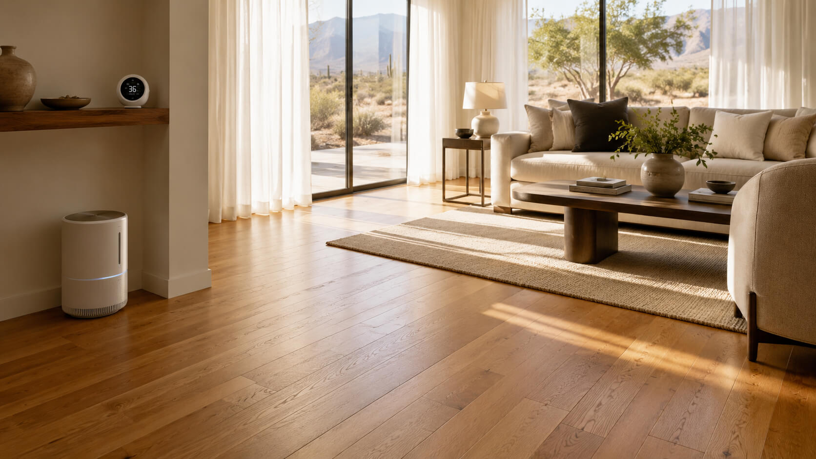 Sunlit modern living room with hardwood flooring in a dry climate home, showing a clean wood floor, soft natural light, and balanced indoor comfort.