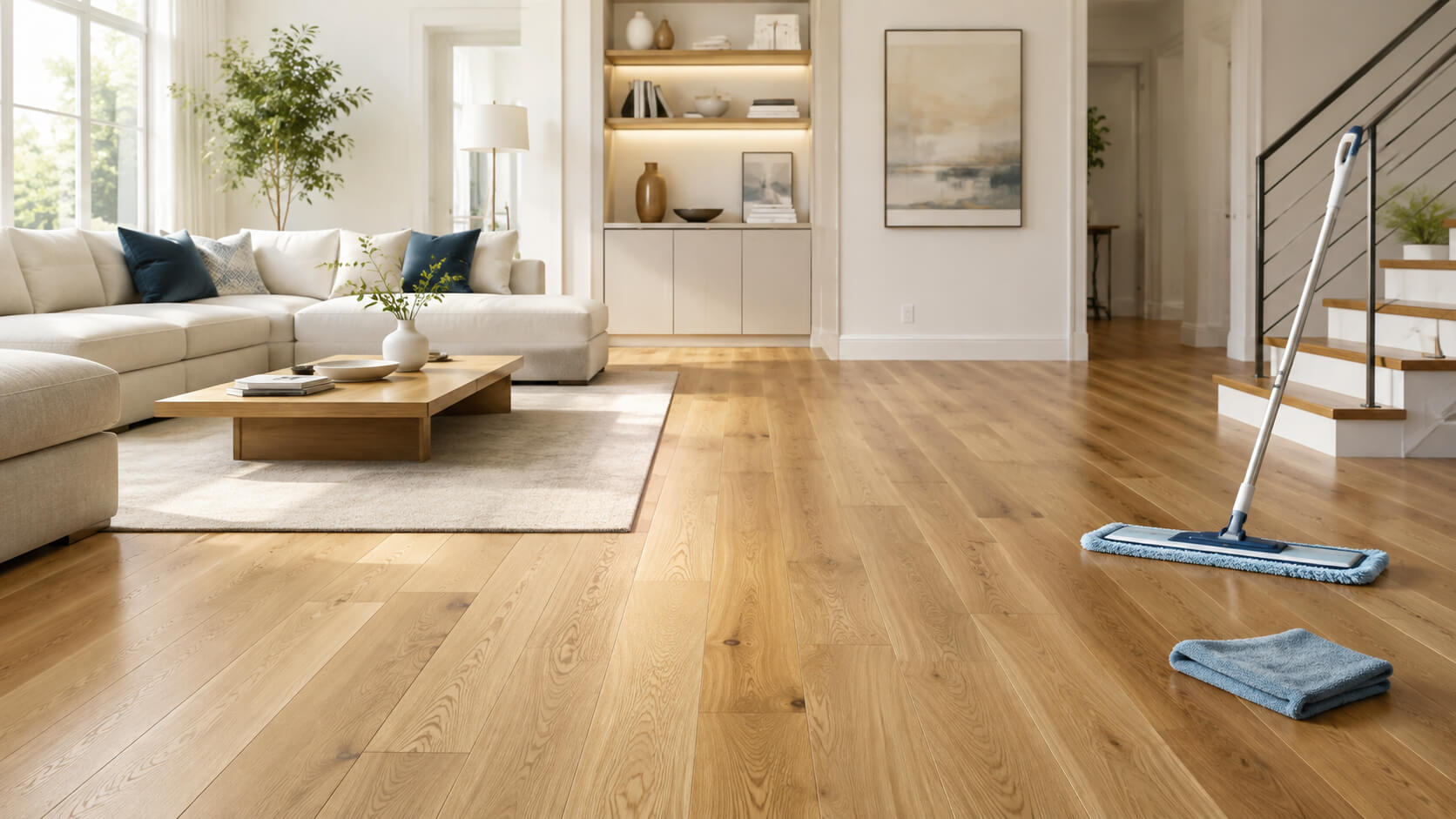 Clean modern living room with hardwood flooring, microfiber mop, and floor care essentials